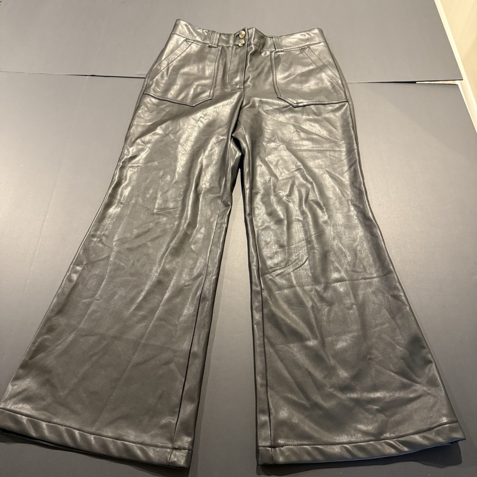 Anthropologie Maeve Women's Black Faux Leather Wide Leg Pants Size 10